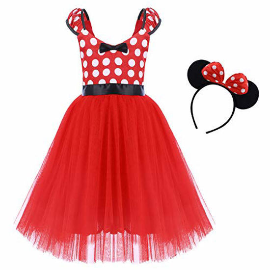 Picture of Party Costume for Toddler Little Girl Tutu Skirt Cartoon Ear Headband Polka Dot First Birthday Halloween Costume Princess Outfits X# Red Long Dress+Headband 6-7 Years