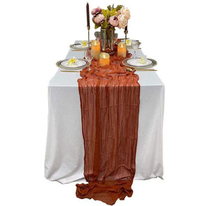 Picture of EH Linen 14ft Burnt Orange Cheesecloth Gauze Table Runner Wedding Decor Arch Draping Gauze Event Centerpiece Runner Bridal Shower Runner Hand Dyed Cotton (14ft, Terracotta)