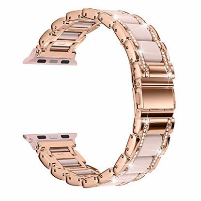 Picture of Moolia Metal Band Compatible with Apple Watch Band 42mm 44mm 45mm Women Rhinestones Resin Wristband Bling Diamond Bracelet Replacement for iWatch Series 7 6 5 4 3 2 1 SE, Rose Gold + Pink