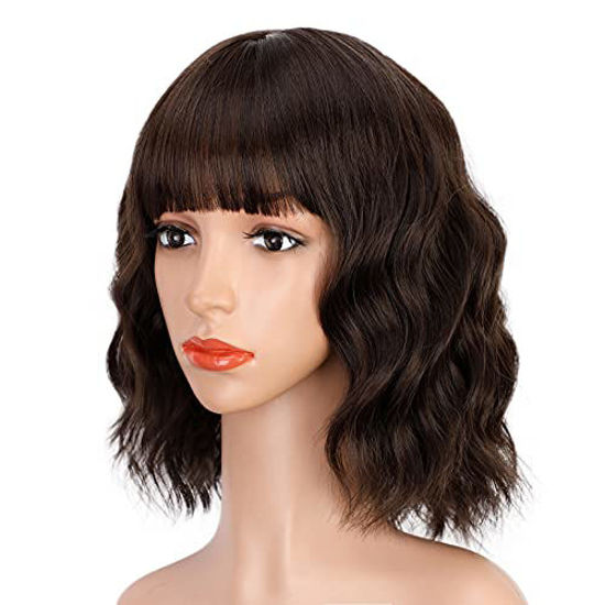 Picture of ENTRANCED STYLES Dark Brown Wig with Bangs Short Bob Wig Shoulder Length Womens Wig Pastel Brown Realistic Wigs for Women Heat Resistant Synthetic Wig Daily Use 12