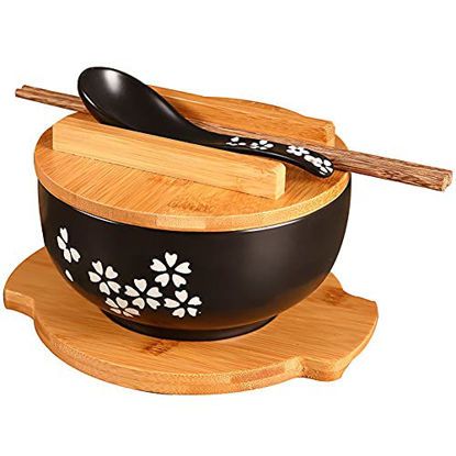 Picture of Japanese Ramen Bowls Japanese Rice Bowl (Contains chopsticks and spoons, Base) Ceramic Ramen Bowl Hand Drawn Rice Bowl Retro Tableware Noodle Bowl 6.5 inch (US-DGW-Set)