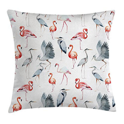 Picture of Ambesonne Flamingo Throw Pillow Cushion Cover, Watercolor Style Effect Abstract Art Flamingo and Heron Birds Pattern, Decorative Square Accent Pillow Case, 20" X 20", Vermilion Blue