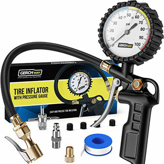 Picture of Tire Inflator with Pressure Gauge - Large Glow Dial, Swivel Air Chuck with Gauge and Air Compressor Accessories - 100 PSI