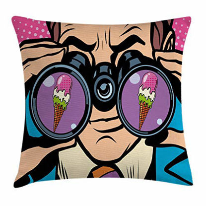 Picture of Ambesonne Comics Throw Pillow Cushion Cover, Business Man Wants Ice Cream Pop Art Retro Style Parody Humor Cartoon Illustration, Decorative Square Accent Pillow Case, 20" X 20", Pink Blue