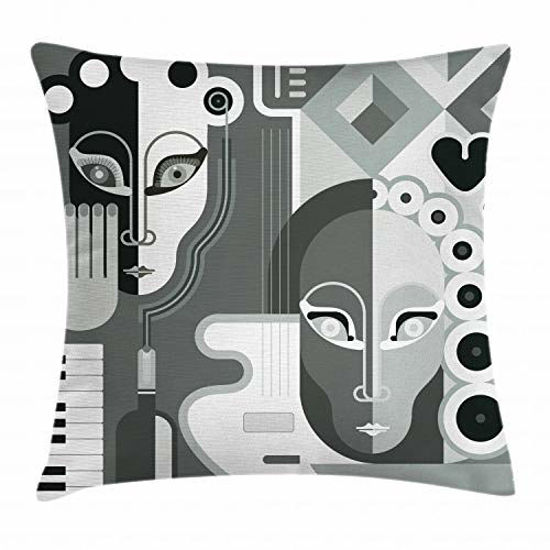 Picture of Ambesonne Abstract Throw Pillow Cushion Cover, Women Themed Jazz Music Piano Guitar Heart and Circle Detailed Image, Decorative Square Accent Pillow Case, 20" X 20", White and Black