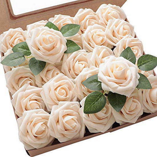 Picture of Floroom Artificial Flowers 50pcs Real Looking Cream Fake Roses with Stems for DIY Wedding Bouquets Bridal Shower Centerpieces Floral Arrangements Party Tables Home Decorations