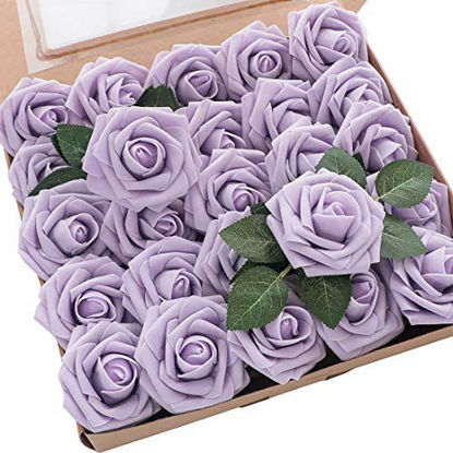 Picture of Floroom Artificial Flowers 50pcs Real Looking Lilac Fake Roses with Stems for DIY Wedding Bouquets Bridal Shower Centerpieces Floral Arrangements Party Tables Home Decorations