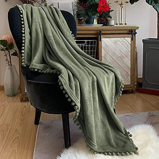 Picture of LOMAO Flannel Blanket with Pompom Fringe Lightweight Cozy Bed Blanket Soft Throw Blanket fit Couch Sofa Suitable for All Season (51x63) (Dark Olive, 51''x 63'')