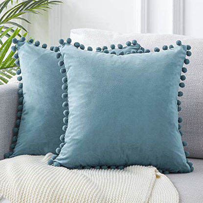 Picture of Top Finel Decorative Throw Pillow Covers 24 x 24 Inch Soft Particles Velvet Solid Cushion Covers with Pom-poms for Couch Bedroom Car 60 x 60 cm, Pack of 2, Pale Blue