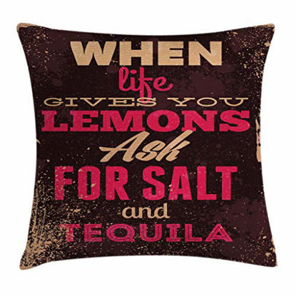 Picture of Ambesonne Vintage Throw Pillow Cushion Cover, When Life Gives You Lemons Tequila Alcohol Motivational Words Yin Yang Grunge Image, Decorative Square Accent Pillow Case, 20" X 20", Pink Brown