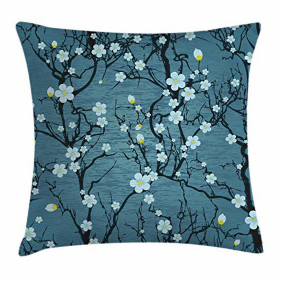 Picture of Ambesonne Floral Throw Pillow Cushion Cover, Sakura Tree Branches Pale Japanese Cherry Blossom Spring Form, Decorative Square Accent Pillow Case, 20" X 20", Blue