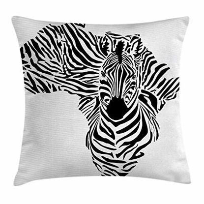 Picture of Ambesonne Safari Throw Pillow Cushion Cover, Illustration of Map Zebra's Camouflage Stripes Patterns Cultural Print, Decorative Square Accent Pillow Case, 20" X 20", Black White