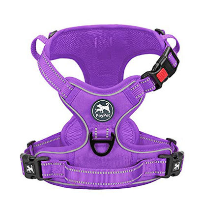 Picture of PoyPet No Pull Dog Harness, No Choke Reflective Dog Vest, Adjustable Pet Harnesses with 2 Leash Attachments with Easy Control Padded Handle for Small Medium Large Dogs(Purple Matching Trim,XS)