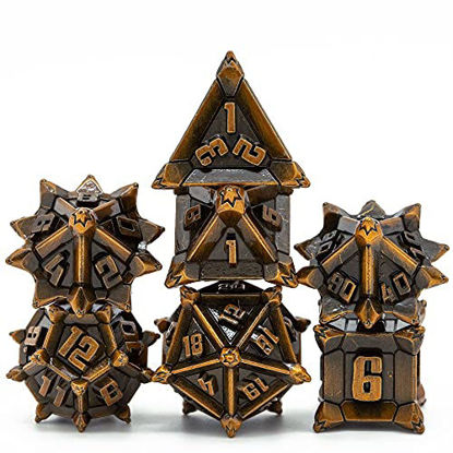 Picture of Cusdie Metal Dice Set, 7 Pcs DND Metal Dice, Pinwheel Design Polyhedral Dice Set, for Role Playing Game D&D Dice MTG Pathfinder (Ancient Golden)