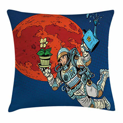 Picture of Ambesonne Outer Space Throw Pillow Cushion Cover, Colonization of The Jupiter with Astronaut Plants Pop Art Style Comic Sci Fi, Decorative Square Accent Pillow Case, 20" X 20", Blue Orange