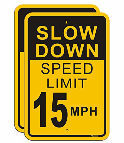 Picture of Slow Down Speed Limit 15 MPH Sign (2 Pack), Metal Reflective 12" x 18" Rust Free Aluminum, Easy Mounting Outdoor Use, Waterproof and Durable Ink