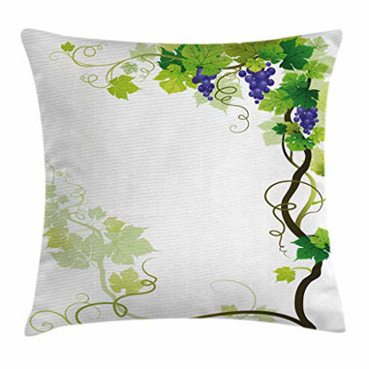 Picture of Ambesonne Vineyard Throw Pillow Cushion Cover, Vineyard Frame with Swirled Curled Fresh Cluster Gardening Plants Design, Decorative Square Accent Pillow Case, 20" X 20", Purple Green