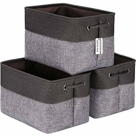 Picture of Sea Team 3-Pack Large Storage Basket Set, Trunk Organizer, Clothes Toys Bin, 15 x 10 x 10 Inches, Big Rectangular Canvas Fabric Collapsible Shelf Box with Handles for Kids Room (Grey/Black)