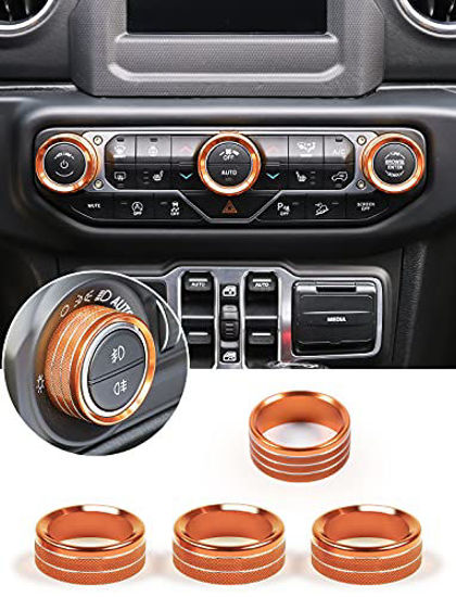 Picture of Savadicar HVAC Climate Control Panel Knob Trim Kit & Light Control Switch Cover, Air Conditioner Knob Aluminum Alloy Ring for 2018-2021 Jeep Wrangler JL JLU & Gladiator JT, Interior Accessories,Orange