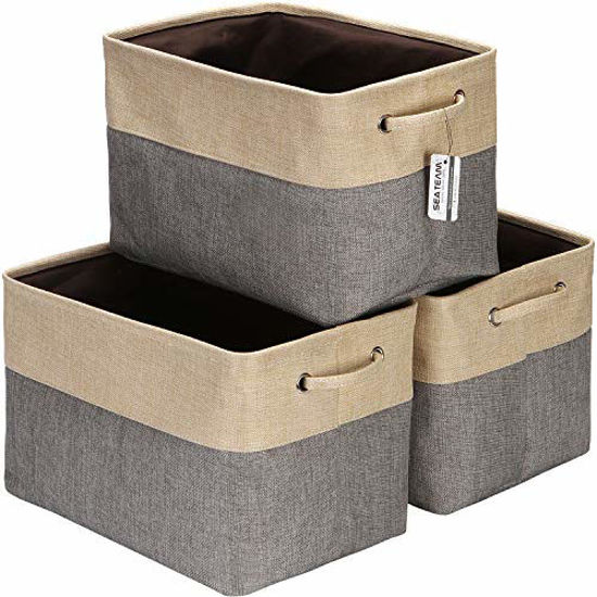 Picture of Sea Team 3-Pack Large Storage Basket Set, Trunk Organizer, Clothes Toys Bin, 15 x 10 x 10 Inches, Big Rectangular Canvas Fabric Collapsible Shelf Box with Handles for Kids Room (Grey/Beige)