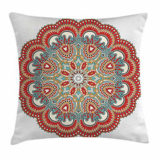 Picture of Ambesonne Mandala Throw Pillow Cushion Cover, Macro Mandala with Nature Elements Mosaic Design, Decorative Square Accent Pillow Case, 20" X 20", Vermilion White