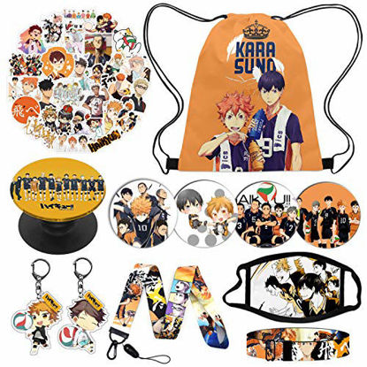 Picture of Anime Haikyuu Karasuno Nekoma Gift Set Included 1 Haikyuu Drawstring Bag Backpack, 50 Haikyuu Laptop Stickers,1 Bracelet,1 Face Mask,1 Phone Holder, 4 Button Pins, 2 Keychain,1 Lanyard