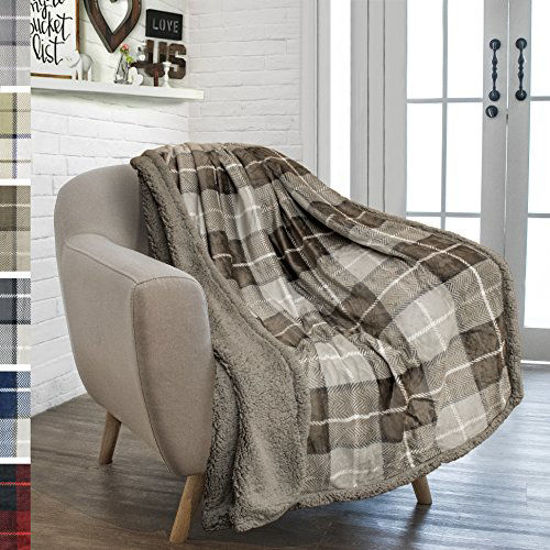 Picture of PAVILIA Premium Plaid Sherpa Fleece Throw Blanket | Super Soft, Cozy, Plush, Lightweight Microfiber, Reversible Throw for Couch, Sofa, Bed, All Season (50 X 60 Inches Brown Taupe)