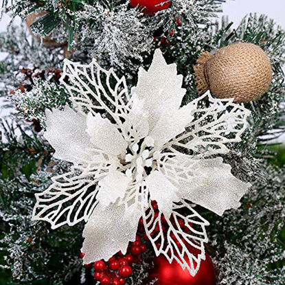 Picture of GL-Turelifes Pack of 12 Glitter Artificial Poinsettia Flowers Christmas Wreath Christmas Tree Flowers Ornaments 6(16cm) Diameter with 12 Pcs Green Soft Stings (White)