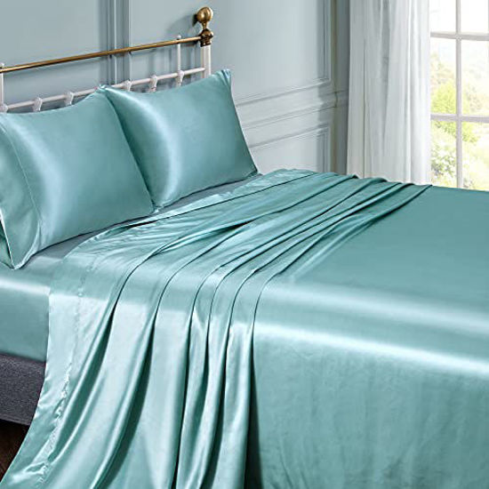 Vonty Satin Sheets Queen Size Silky Soft Satin Bed Sheets Teal Satin Sheet  Set