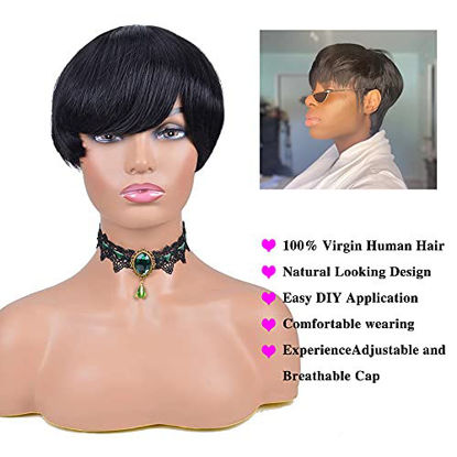 Picture of Short Human Hair Wigs Pixie Cut Wigs with Bangs Short Wigs for Women Non Lace Front Wigs Brazilian Human Hair 1# Color Full Machine Wigs