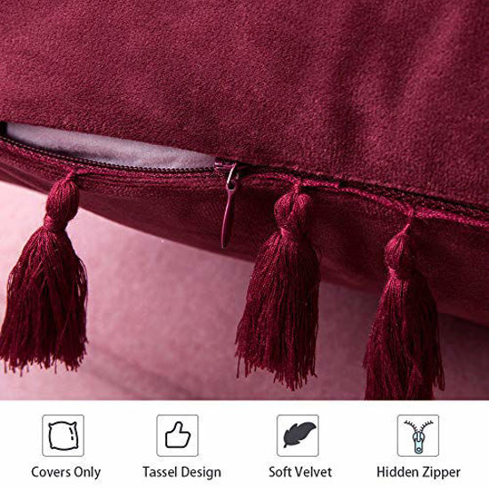 Picture of MIULEE Pack of 2 Christmas Velvet Soft Decorative Throw Pillow Covers with Tassels Fringe Boho Accent Cushion Case for Couch Sofa Bed 24 x 24 Inch Burgundy