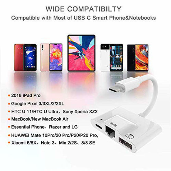 Picture of USB C to RJ45 LAN Ethernet Network Adapter,3 in 1 USB C to Ethernet Adapter and USB and USB C Charge for Samsung Galxy MacBook Huawei Honor Google Pixel 4/4XL/3/3XL HTC 11