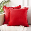 Picture of Top Finel Decorative Pillow Cover Set with Pom-poms Soft Particles Velvet Solid Cushion Covers 24 X 24 for Couch Bedroom Car, Pack of 2, Red