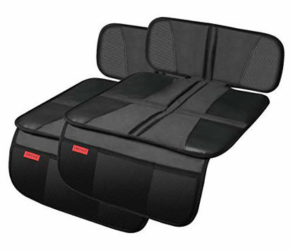 Picture of Car Seat Protector - Seat Protection Mat - Thick Padding - Durable, Waterproof Fabric, Leather Reinforced Corners & 3 Pockets for Handy Storage (2 Pack) Black