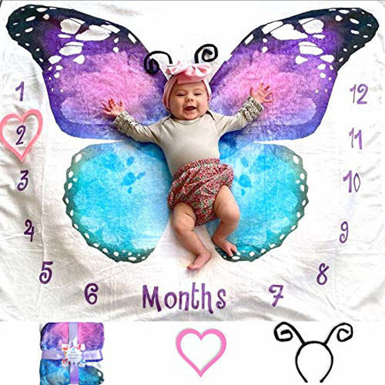 Picture of Evovee Baby Monthly Milestone Blanket Girl Butterfly, Baby Month Blanket Age Photo Blanket, Photography Backdrop Newborn Girls Props, Soft Plush Fleece w Marker and Headband New Moms (Butterfly)