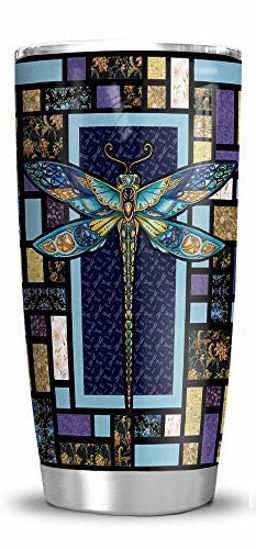 Picture of 64HYDRO 20oz Dragonfly Mosaic Style Decorative Tumbler Cup with Lid, Double Wall Vacuum Sporty Thermos Insulated Travel Coffee Mug