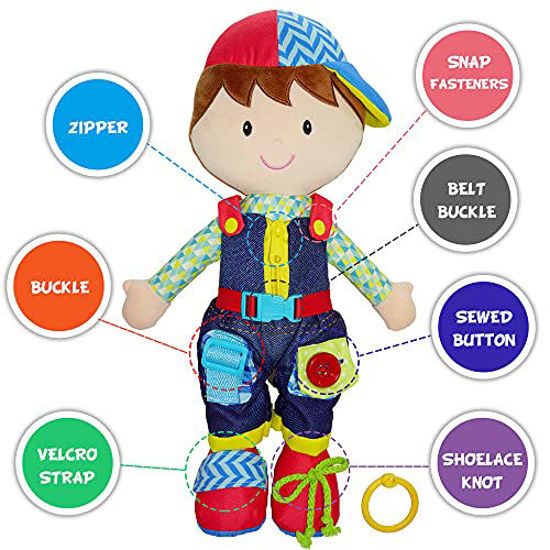 Picture of June Garden 15.5" Dressy Friends Lucas - Educational Stuffed Plush Doll for Kids and Toddlers 2 Years and Up - Montessori Buckle Soft Toy