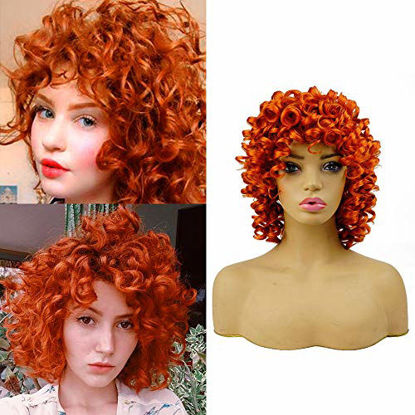 Picture of Short Afro Curly Synthetic Hair Wigs for Black Women Phoenixfly Loose Curly Fluffy Shoulder Length Natural Looking Hair Orange Wigs Heat Resistant Hair Replacement Wigs with Wig Caps (Orange)