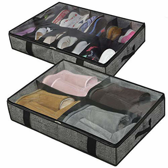 Picture of Onlyeasy Under Bed Shoes Storage Bag Organizer for Closet - Set of 2, Fits 14+4 Pairs - Underbed Storage Solution Foldable Fabric Shoes Container Box with Clear Cover, Linen-like Black, MXAUBS14S4