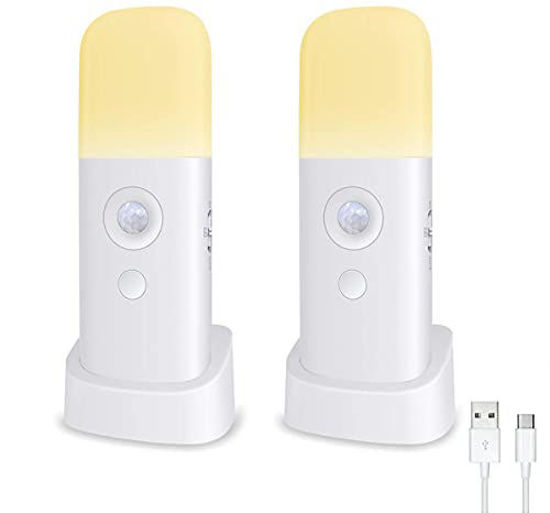 Picture of CREWEEL Motion Sensor Night Light Indoor, 2000mAh Battery Operated Lights, Cordless Table Lamps for Kids, 5 Stages Dimmable LED Nursery Night Lights for Bedroom, Bathroom, Hallway ( 2Pack