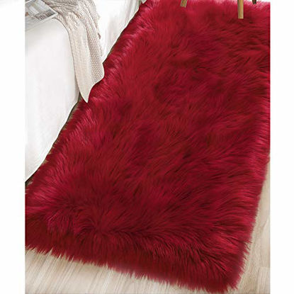 Picture of LOCHAS Ultra Soft Fluffy Rugs Faux Fur Sheepskin Area Rug for Bedroom Bedside Living Room Carpet Nursery Washable Floor Mat, 2x4 Feet Red