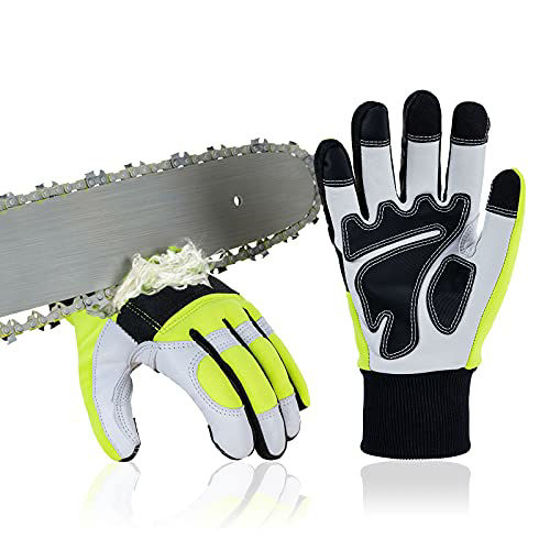 Picture of Vgo 1-Pair Chainsaw Gloves,12-Layer Chainsaw Protection,Safety Goat leather Work Gloves,Mechanic Gloves (Size M, Hi-Viz Green, GA9767CS)