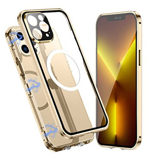 Picture of Jonwelsy Case for iPhone 13 Pro Max, Compatible with Magsafe 360 Degree Full Body Protection Case Magnetic Attraction Metal Bumper+Front Glass+PC Back Cover for iPhone 13 Pro Max (6.7 inch) (Gold)