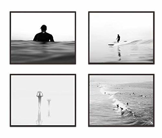 Picture of Black and White Surfing Photography Photographic Prints, Set of 4, Unframed, Surf surfboard Wall Art Decor Poster Sign, 8x10 Inches