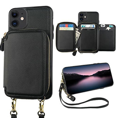 Picture of Bocasal RFID Blocking Wallet Case for iPhone 11, Adjustable Crossbody Zipper Purse Case Card Holder with Kickstand Detachable Wrist Strap, PU Leather Flip Folio Case 6.1 Inch (Black)