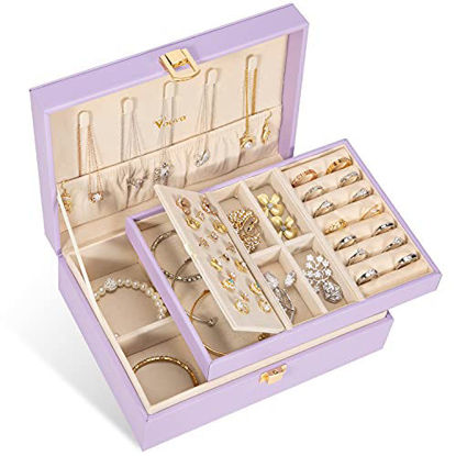 Picture of Voova Jewelry Box Organizer for Women Girls, 2 Layer Large Men Jewelry Storage Case, PU Leather Display Jewel Holder with Removable Tray for Necklace Earrings Rings Bracelets, Vintage Gift, Lavender