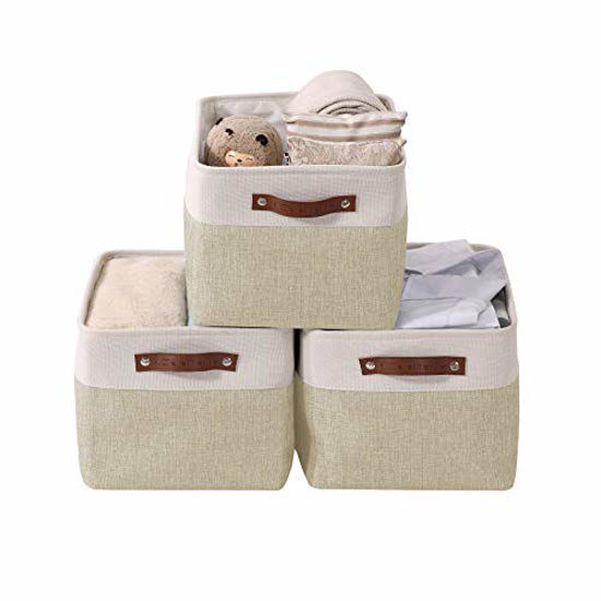 Picture of DECOMOMO Foldable Storage Bin | Collapsible Sturdy Cationic Fabric Storage Basket Cube W/Handles for Organizing Shelf Nursery Home Closet (Beige and White, Large - 3 Pack)