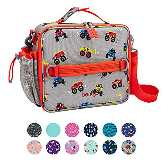 Picture of Bentgo Kids Prints Lunch Bag - Double Insulated, Durable, Water-Resistant Fabric with Interior and Exterior Zippered Pockets and External Bottle Holder- Ideal for Children of All Ages (Trucks)