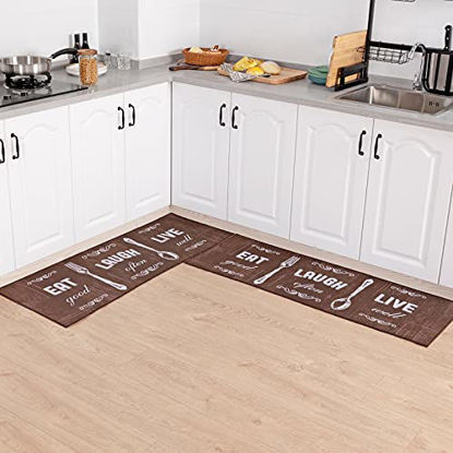 Picture of Carvapet 2 Piece Kitchen Rug Set Non-Slip Backing Mat Throw Rug for Kitchen Doormat Runner Rug Set, Motto Design, Coffee (17"x48"+17"x48")