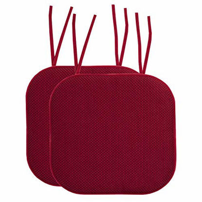 Picture of Sweet Home Collection Chair Cushion Memory Foam Pads with Ties Honeycomb Pattern Slip Non Skid Rubber Back Rounded Square 16" x 16" Seat Cover, 2 Count (Pack of 1), Wine Burgundy